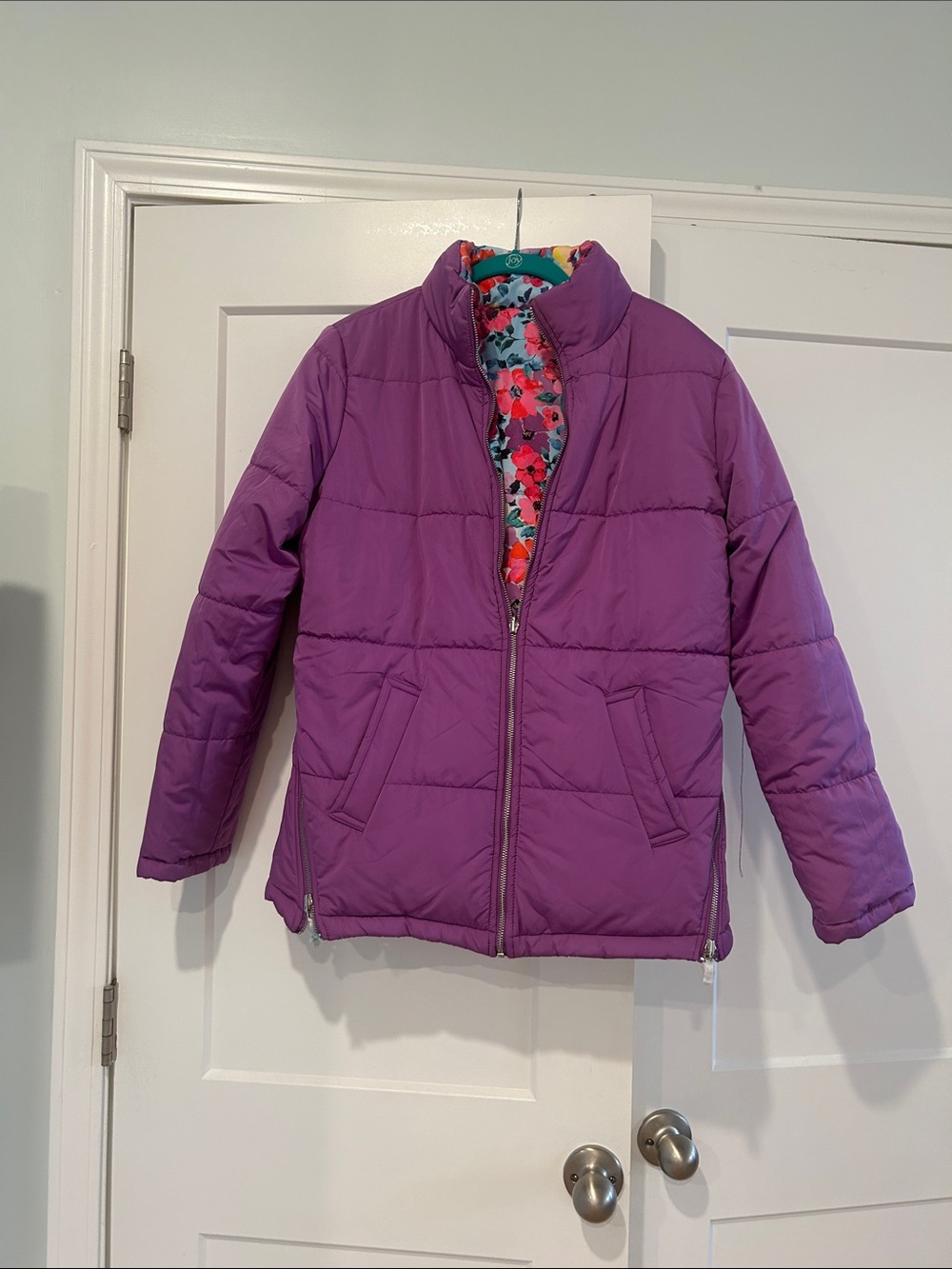 Woman’s Purple Puffer Jacket with Floral Lining Brand New